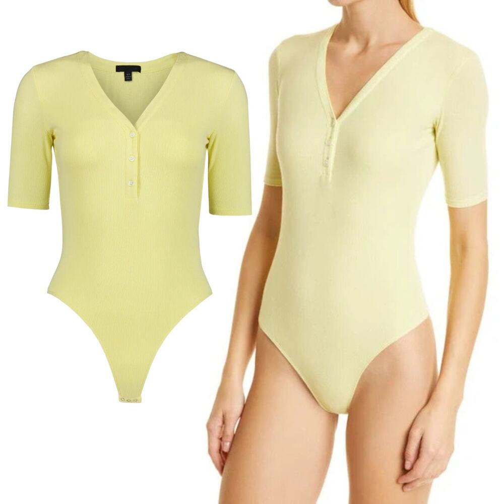 NEW ATM Anthony Thomas Melillo Butter Yellow Short Sleeve Henley Bodysuit Md